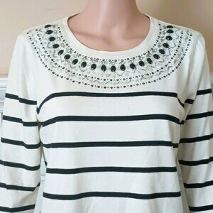 Talbots Striped Rhinestone Top MP Black & White 3/4 Sleeve Side Slits Beaded